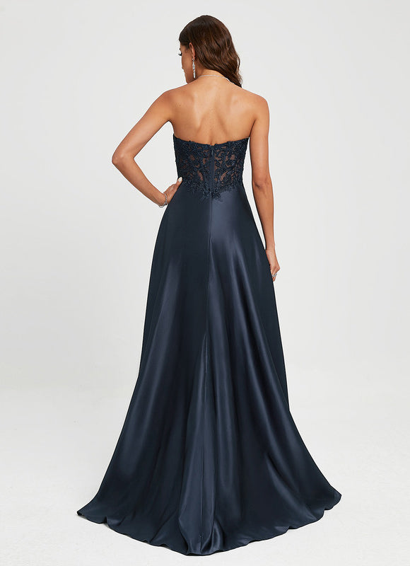 Robe Chic Bleu Nuit Satin Dentelle - gallery 3