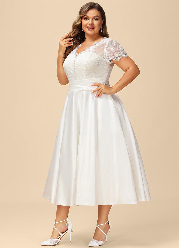Robe Chic Blanche Satin Dentelle Volants - gallery 9