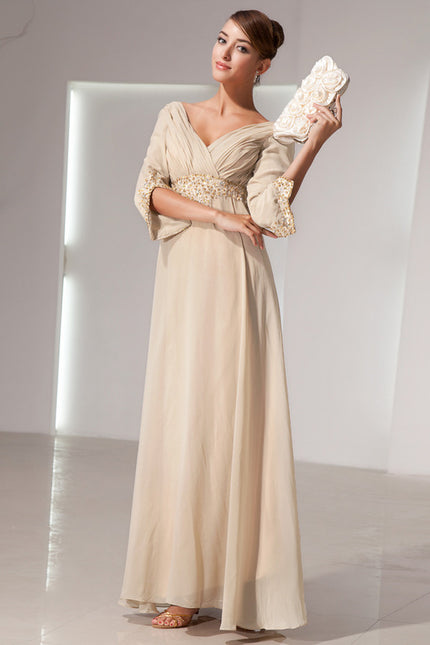 Robe Chic Beige Perlée Ras Du Sol - gallery 4