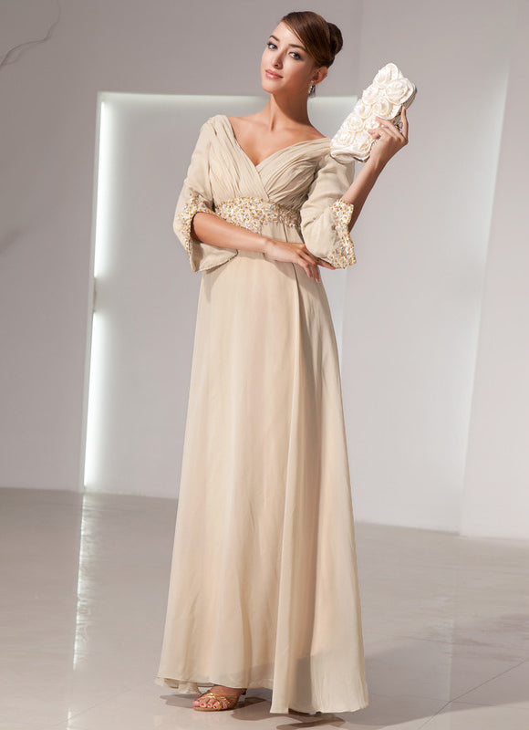 Robe Chic Beige Perlée Ras Du Sol - gallery 4