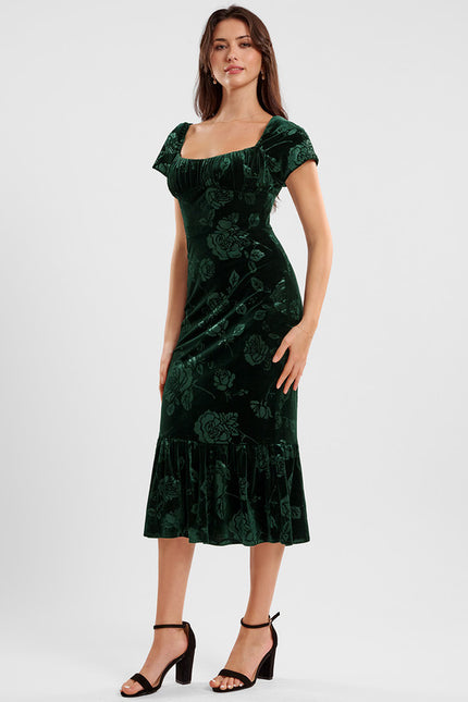 Robe Chic Velours Vert Floral - gallery 2