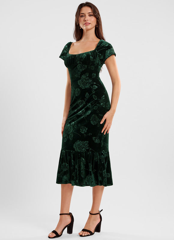 Robe Chic Velours Vert Floral - gallery 2