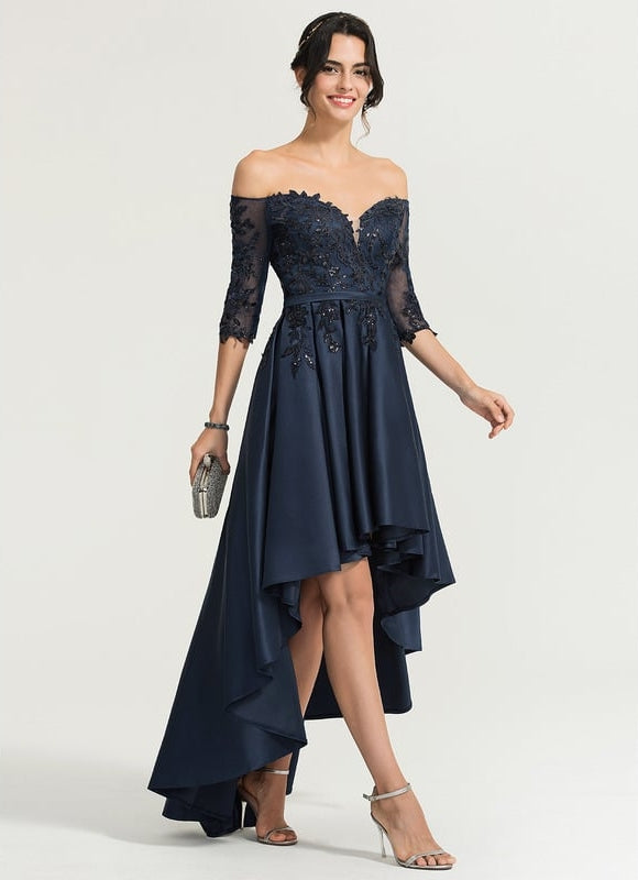 Robe Chic Bleu Marine Satin Asymétrique - gallery 1