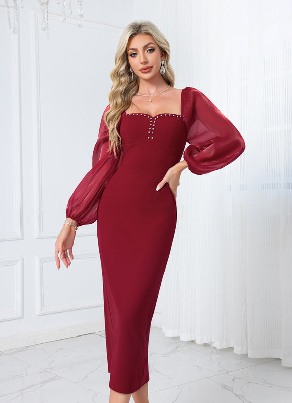 Robe Chic Bordeaux À Manches Ballons - gallery 3