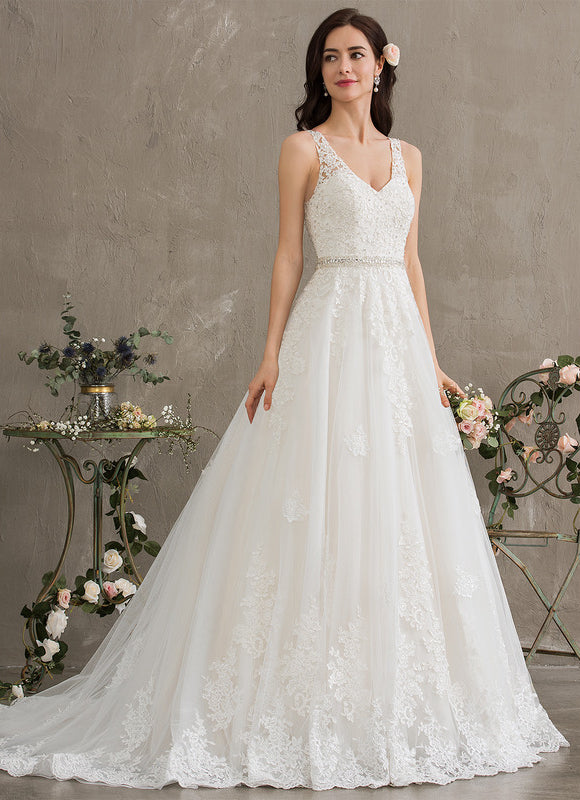 Robe Chic Blanche Traîne En Dentelle - gallery 4