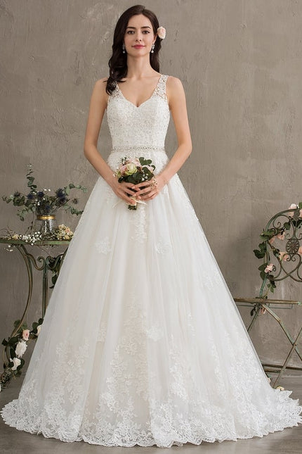 Robe Chic Blanche Traîne En Dentelle - gallery 1
