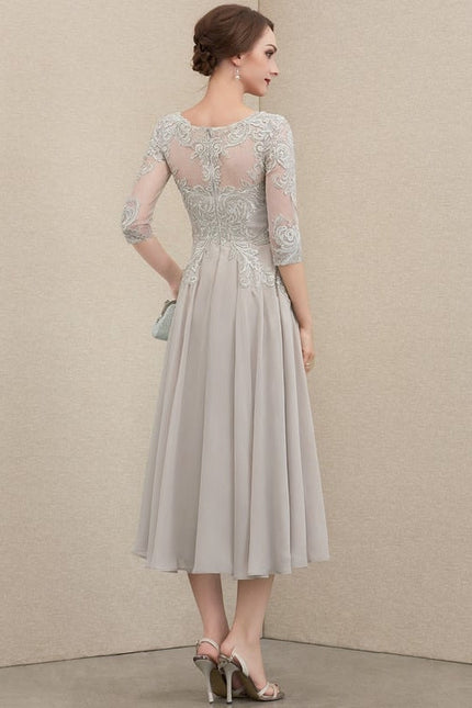 Robe Chic Gris Perlé Mousseline Dentelle - gallery 3