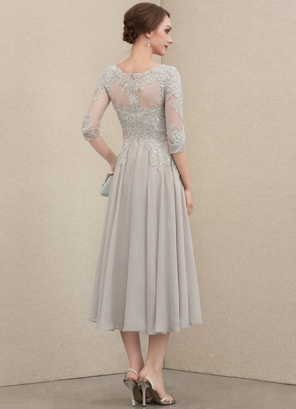 Robe Chic Gris Perlé Mousseline Dentelle - gallery 3