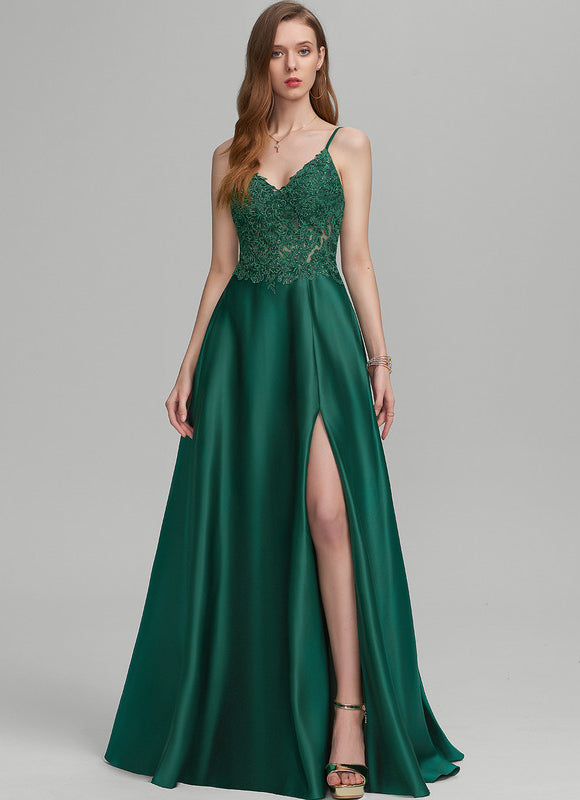 Robe Chic Vert Émeraude Satin Dentelle