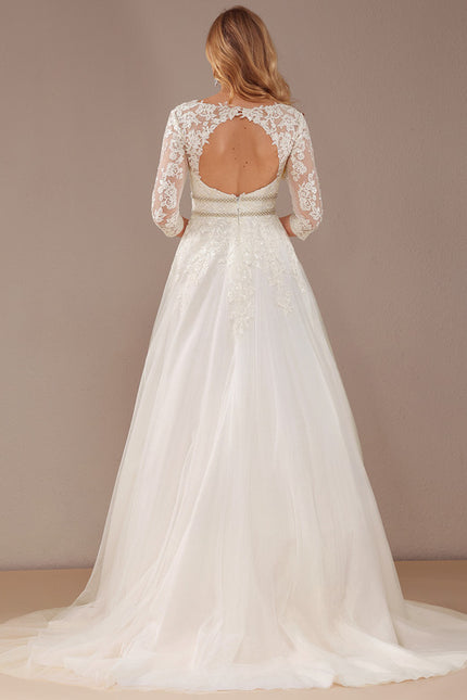 Robe Chic Blanche Traîne En Dentelle - gallery 2