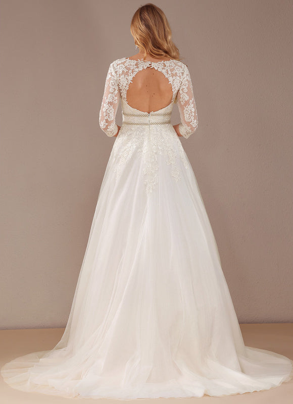 Robe Chic Blanche Traîne En Dentelle - gallery 2
