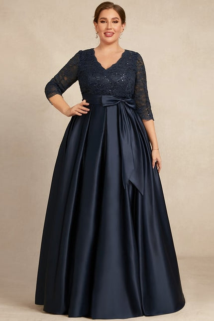 Robe Chic Bleu Nuit Évasée Satin Dentelle - gallery 7