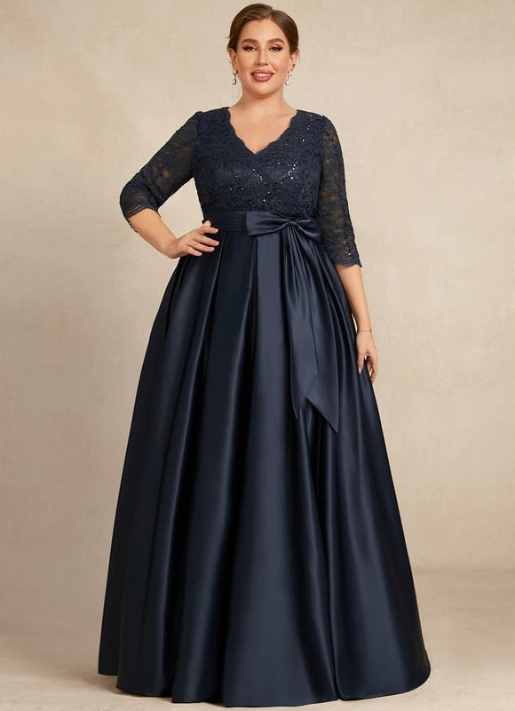 Robe Chic Bleu Nuit Évasée Satin Dentelle - gallery 7
