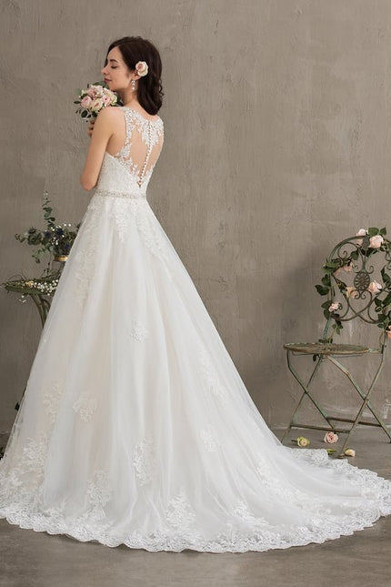 Robe Chic Blanche Traîne En Dentelle - gallery 8