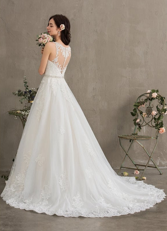 Robe Chic Blanche Traîne En Dentelle - gallery 8
