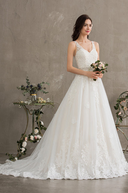 Robe Chic Blanche Traîne En Dentelle - gallery 6