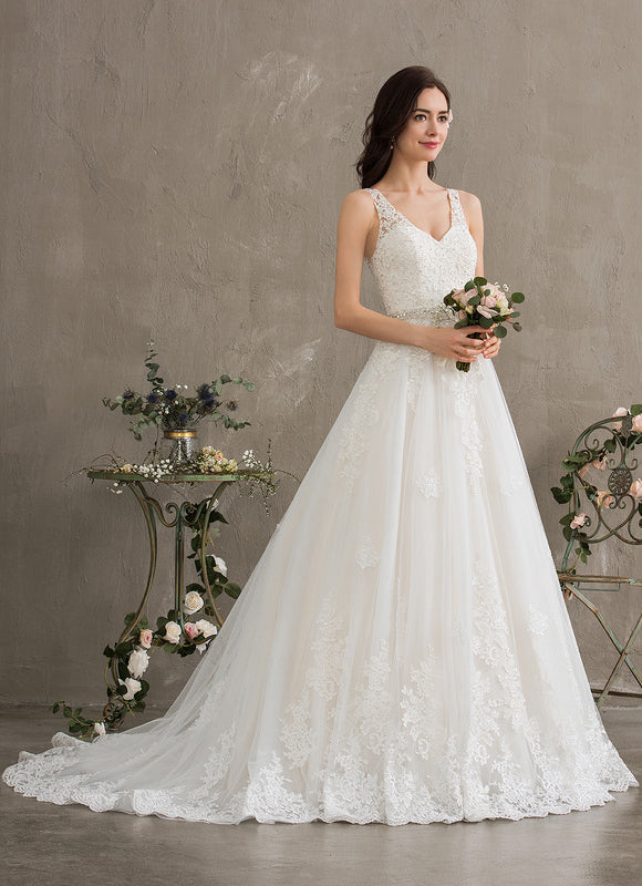 Robe Chic Blanche Traîne En Dentelle - gallery 6