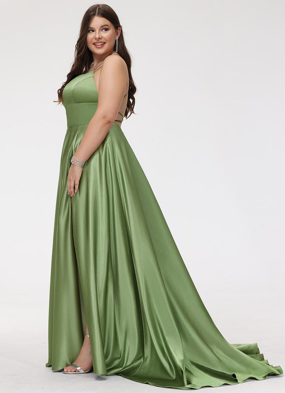 Robe Chic Verte Satinée Avec Traîne - gallery 9