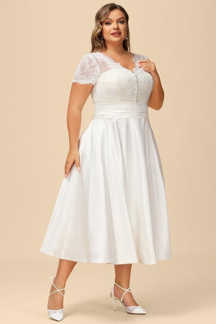 Robe Chic Blanche Satin Dentelle Volants - gallery 7