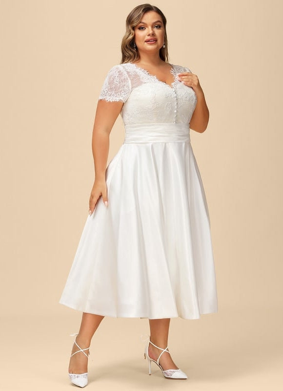 Robe Chic Blanche Satin Dentelle Volants - gallery 7