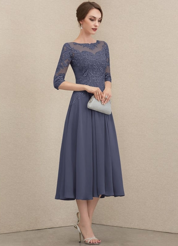 Robe Chic Gris Perlé Mousseline Dentelle - gallery 6