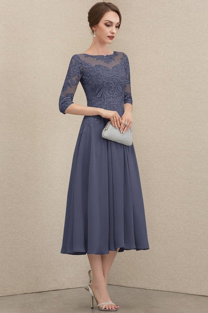 Robe Chic Gris Perlé Mousseline Dentelle - gallery 6