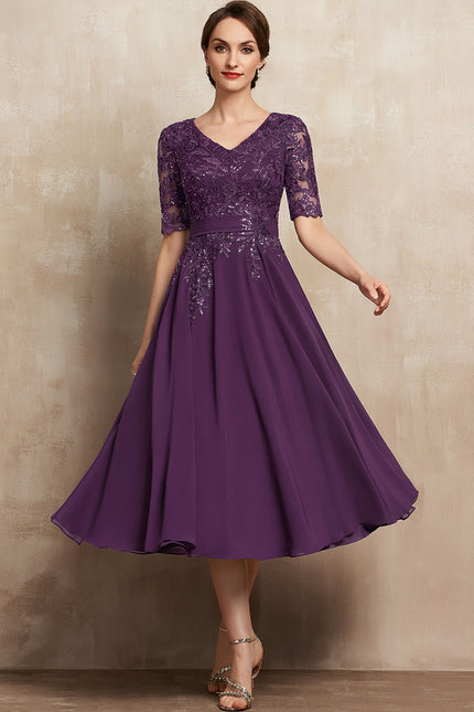Robe Chic Violet Trapèze Dentelle Paillettes