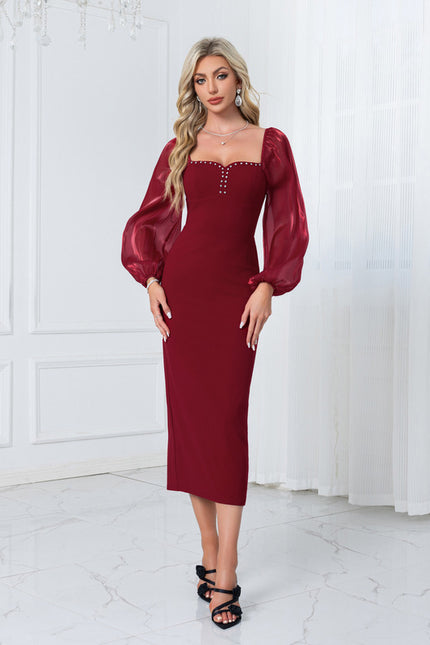 Robe Chic Bordeaux À Manches Ballons - gallery 4