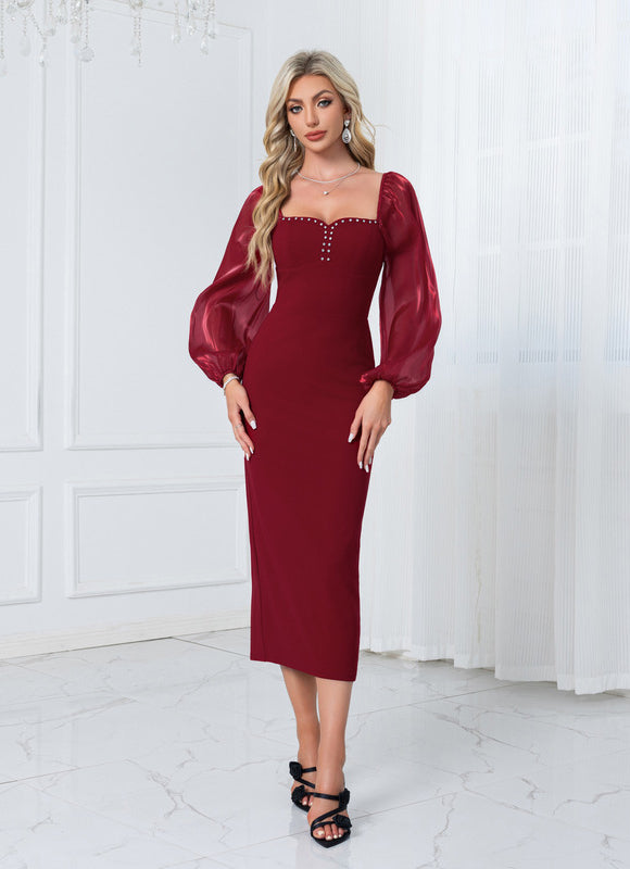 Robe Chic Bordeaux À Manches Ballons - gallery 4