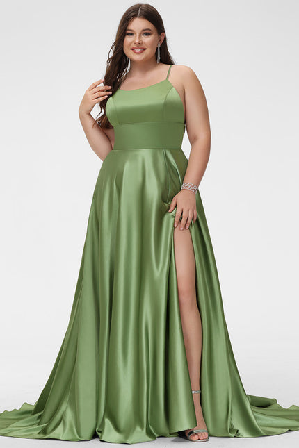 Robe Chic Verte Satinée Avec Traîne - gallery 7