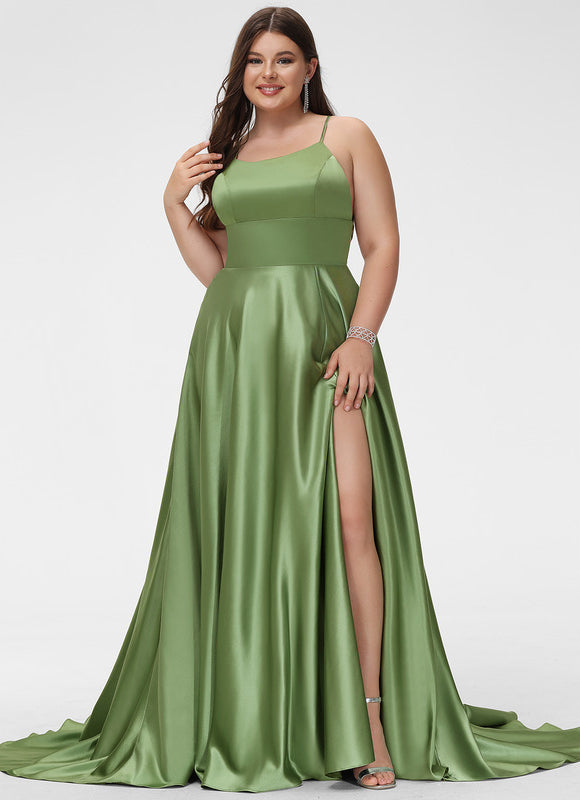 Robe Chic Verte Satinée Avec Traîne - gallery 7