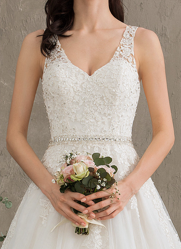 Robe Chic Blanche Traîne En Dentelle - gallery 7