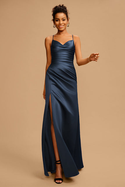 Robe Chic Bleu Nuit Satin Longueur Maxi