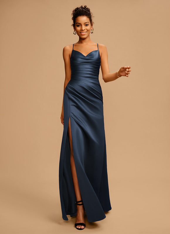 Robe Chic Bleu Nuit Satin Longueur Maxi