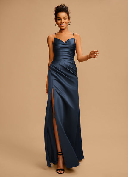 Robe Chic Bleu Nuit Satin Longueur Maxi