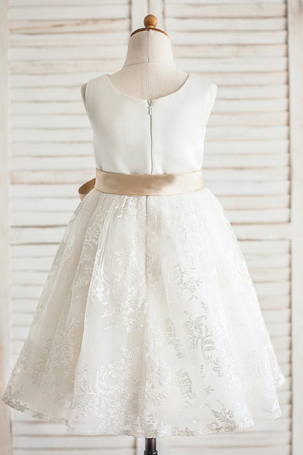 Robe Chic Beige Satin Dentelle Fille - gallery 4