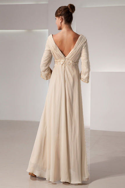 Robe Chic Beige Perlée Ras Du Sol - gallery 3