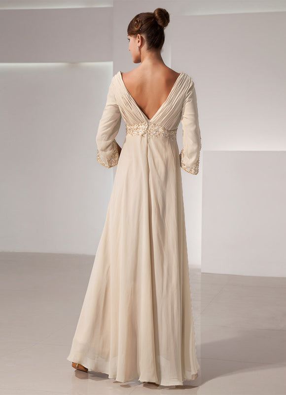 Robe Chic Beige Perlée Ras Du Sol - gallery 3