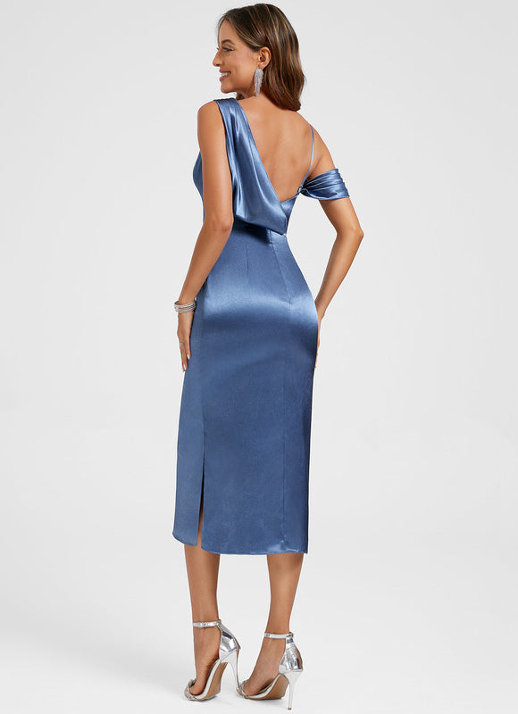 Robe Chic Satin Bleu Col Drapé - gallery 5