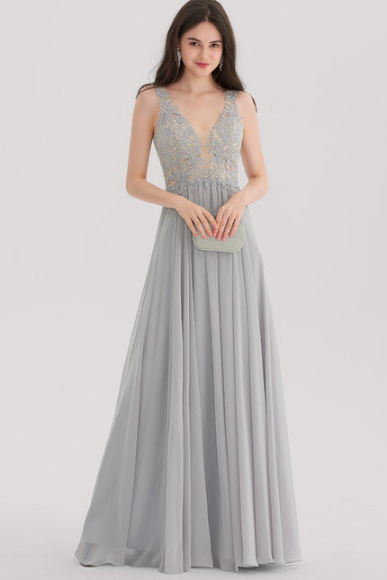 Robe Chic Gris Clair Mousseline Strass - gallery 3