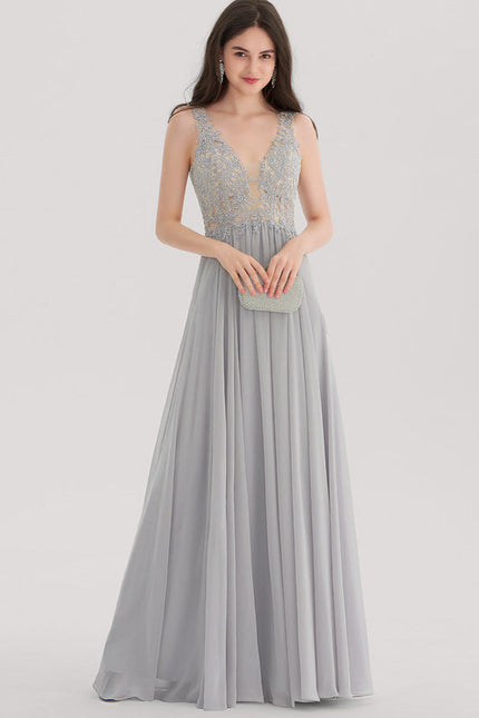 Robe Chic Gris Clair Mousseline Strass - gallery 3