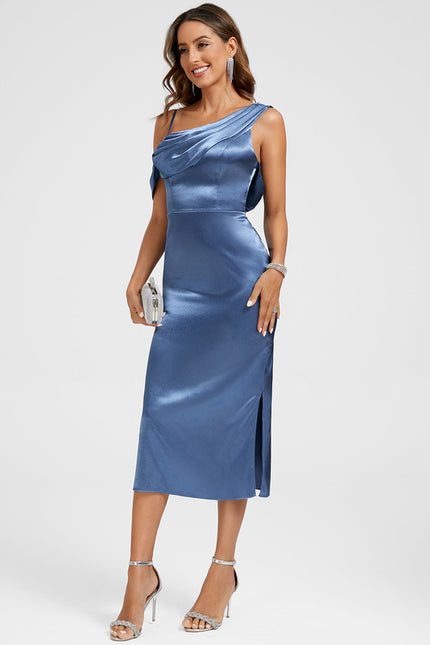 Robe Chic Satin Bleu Col Drapé - gallery 1