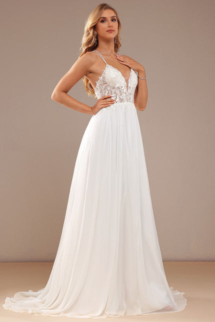 Robe Chic Blanche Traîne Mousseline Dentelle - gallery 5