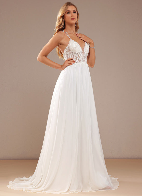 Robe Chic Blanche Traîne Mousseline Dentelle - gallery 5