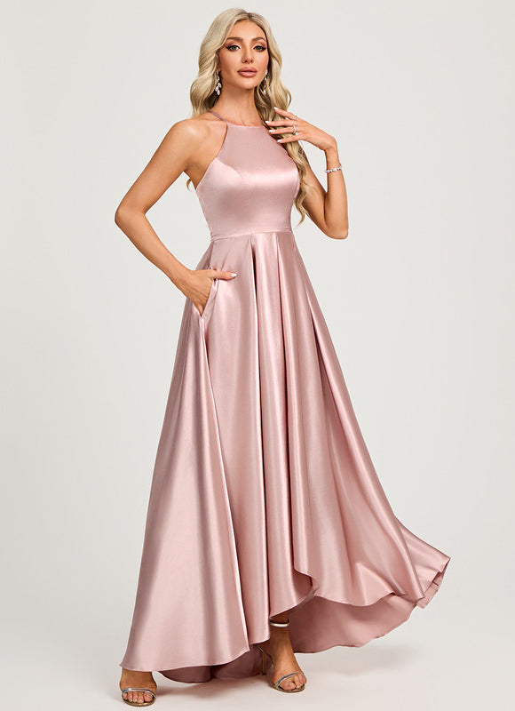 Robe Chic Satinée Rose Asymétrique - gallery 4