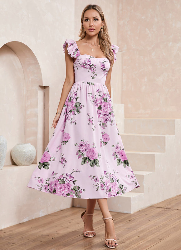 Robe Chic Midi Rose Fleuri