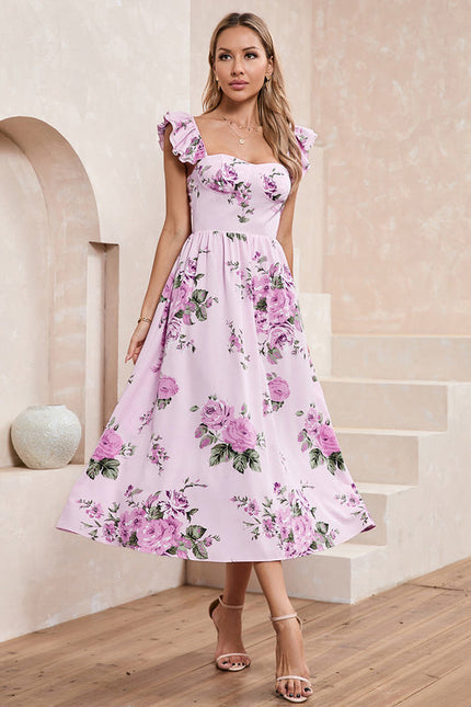 Robe Chic Midi Rose Fleuri
