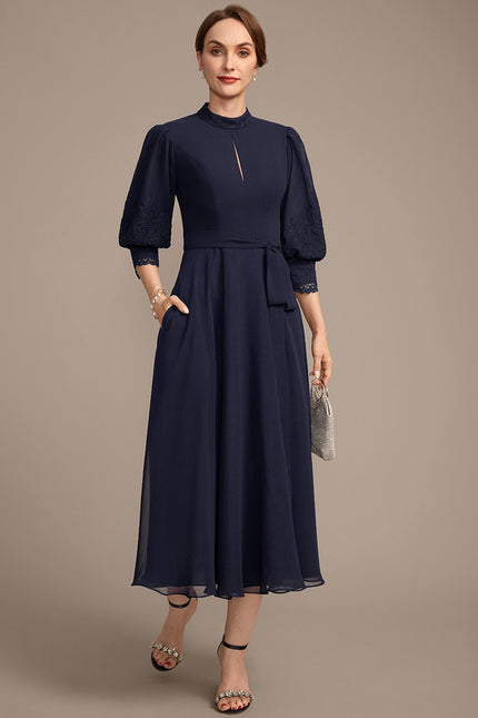 Robe Chic Bleu Marine Dentelle Élégante - gallery 4