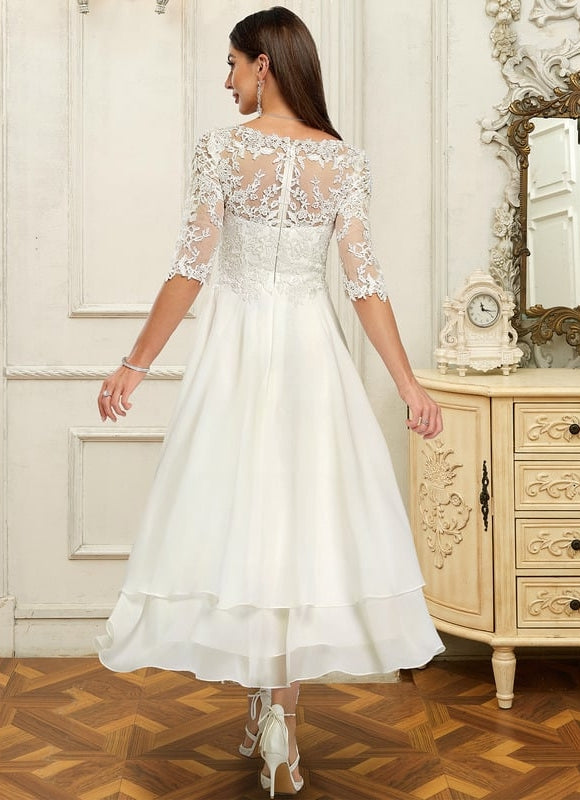 Robe Chic Blanche Dentelle Asymétrique - gallery 3
