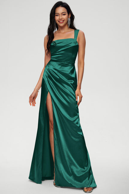 Robe Chic Verte Satinée Longue Ras Du Sol